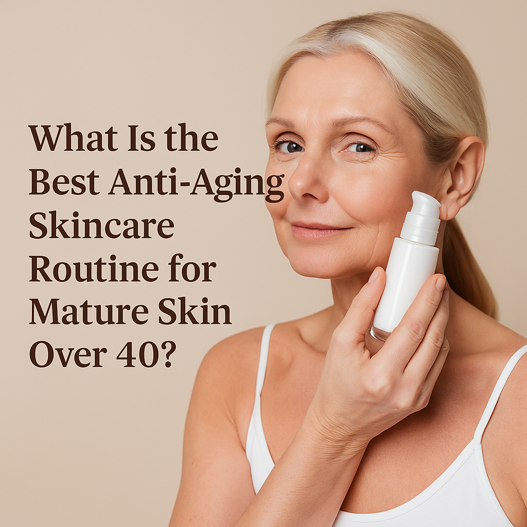 Woman holding a skincare bottle with text about anti-aging routines for mature skin over 40 on a beige background