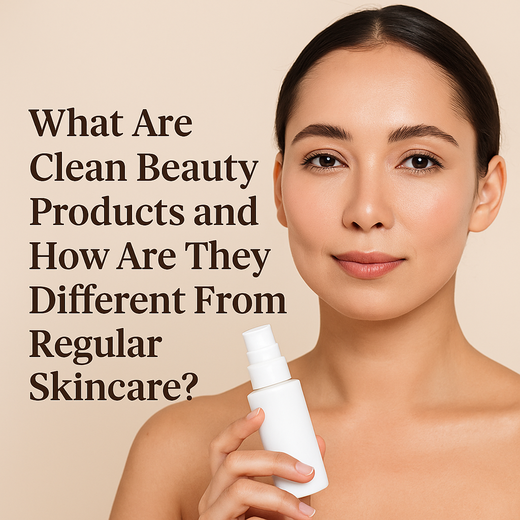 Woman holding a white skincare product with text about clean beauty products on a beige background