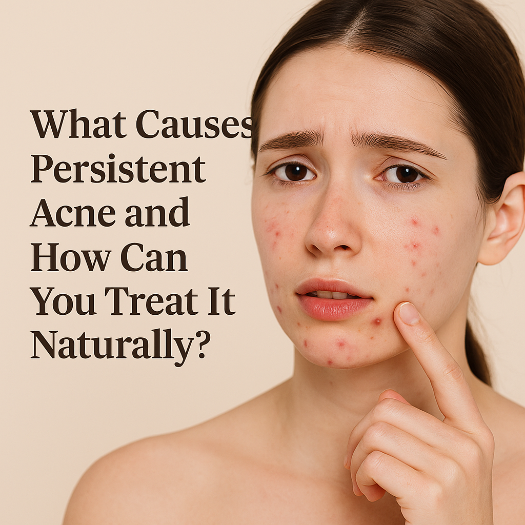 Woman with acne on her face pointing to it, with text about persistent acne and natural treatment.