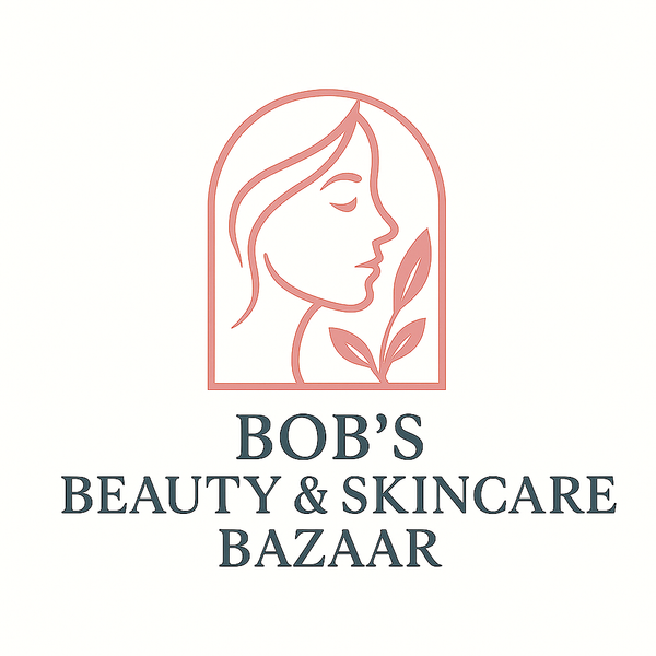 Logo of Bob's Beauty & Skincare Bazaar with a stylized face and leaves on a white background.
